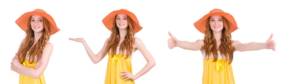 Young woman in yellow summer dress isolated on white