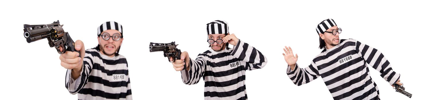 Prison inmate with gun isolated on white