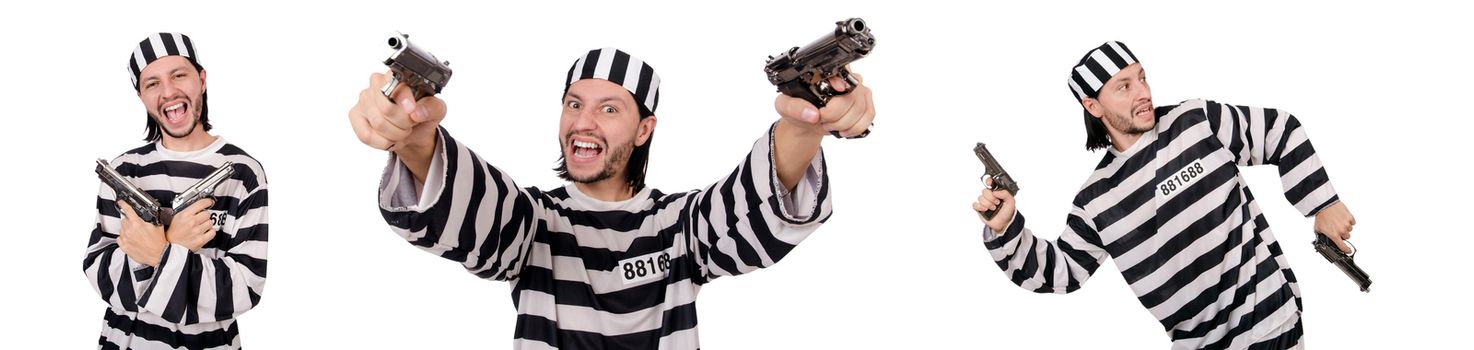 Prison inmate with gun isolated on white