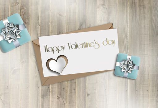 Elegant Valentine's card on wood with gift boxes, heart. Pastel blue colour. Text Happy Valentine's day. Mock up, template, 3D render