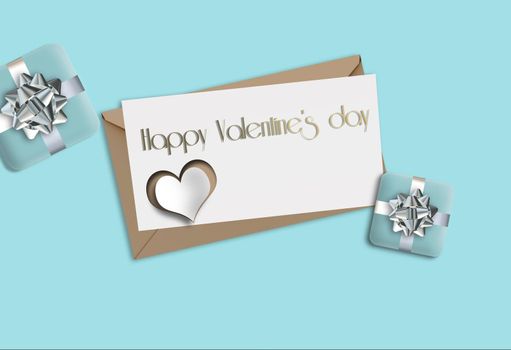 Elegant Valentine's card on turquoise blue background with gift boxes, heart. Pastel blue colour. Text Happy Valentine's day. Mock up, template, 3D render