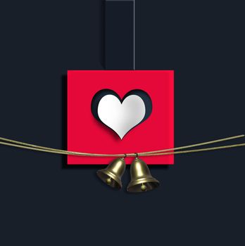 Elegant Valentines card paper heart with golden bells, gift tag on blue background. Luxury romantic St Valentine card. 3D illustration
