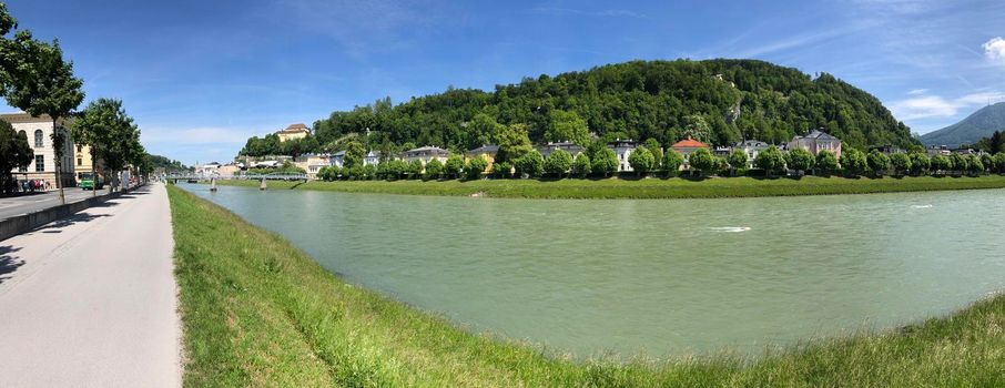 Panorama from the Salzach river in Salzburg, Austria