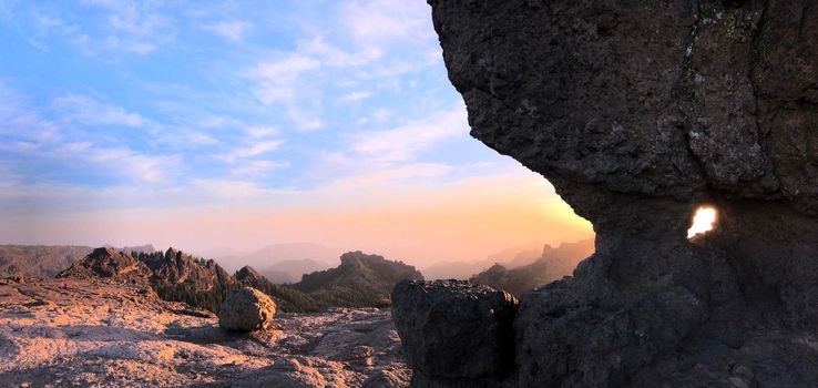 Sunset panorama at Roque Nublo the volcanic rock on the island of Gran Canaria