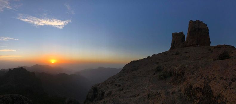 Sunset panorama of Roque Nublo the volcanic rock on the island of Gran Canaria