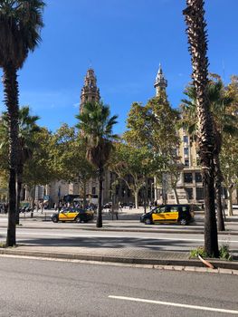 Taxis at the Gothic Quarter of Barcelona Spain