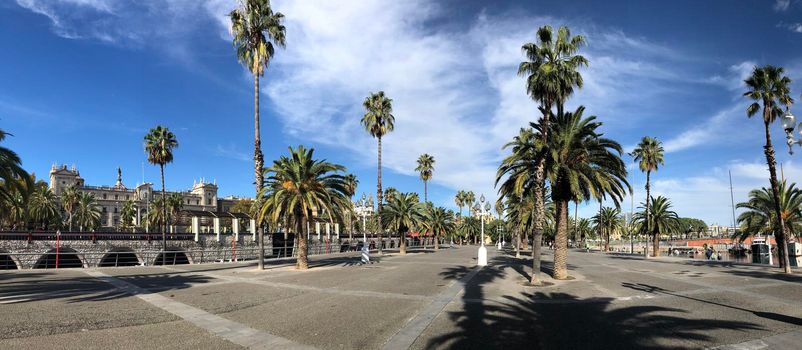 Panorama from the boulevard around the harbor of Barcelona, Spain