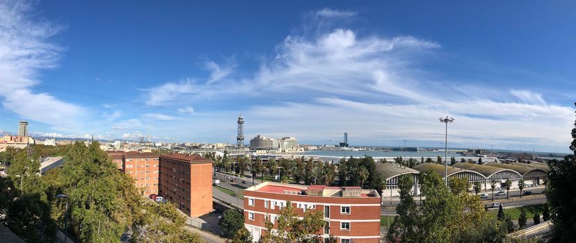 Panorama from Barcelona harbor and Port Vell Aerial Tramway in Barcelona, Spain