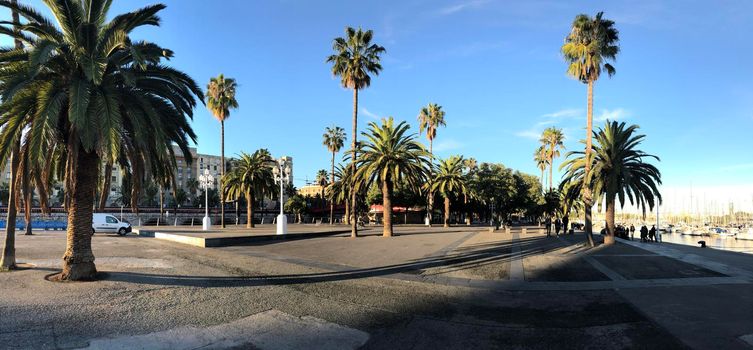 Panorama from the boulevard around the port of Barcelona Spain