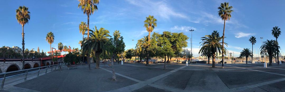 Panorama from the boulevard around the port of Barcelona Spain