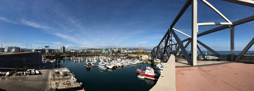 Panorama from a bridge over the Port Forum in Barcelona, Spain