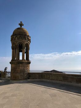 Tower at the square from the expiatory Church of the Sacred Heart of Jesus in Barcelona, Spain