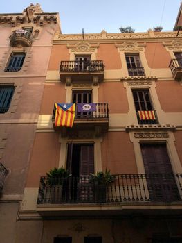 Catalan flag on a balcony in Barcelona, Spain