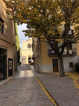 Street during autumn in the old town of Girona Spain