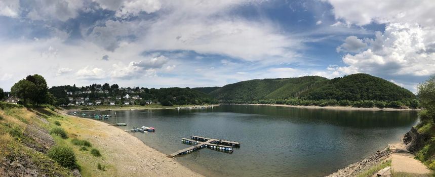 Panorama from the Rur river in the Eifel National Park Germany