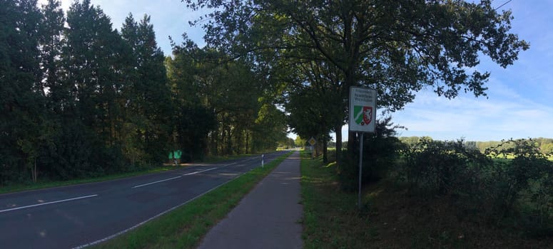 Panorama from road towards Elten with a sign of Nordrhein- Westfalen in Germany