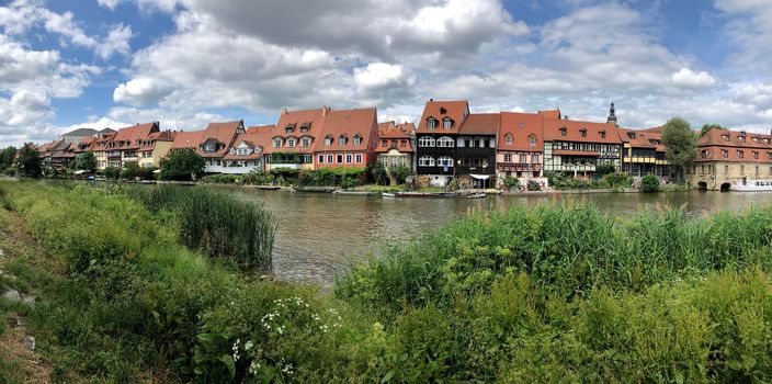 Panorama from houses next to the Linker Regnitzarm river in Bamberg Germany