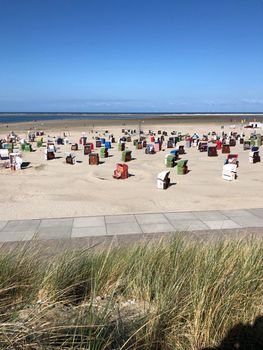 German beach chairs on the beach at Borkum island in Germany