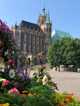 Flowers in front of the Erfurt Cathedral in Erfurt, Germany