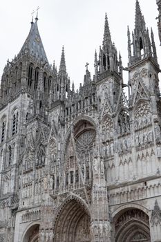 Rouen Cathedral Normandy France 9.25.2019 one of the greatest examples of the high gothic church from 13th cent. Extensive exterior decoration of the finest quality and the high vaulted ceilings inside with organic ribbing. High quality photo
