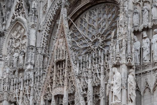 Rouen Cathedral Normandy France 9.25.2019 one of the greatest examples of the high gothic church from 13th cent. Extensive exterior decoration of the finest quality and the high vaulted ceilings inside with organic ribbing. High quality photo