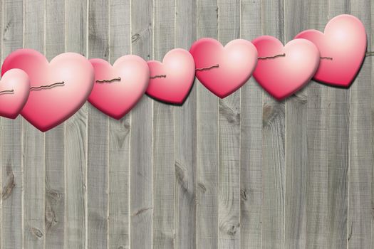 Valentine's card on wood with pink hearts. Mock up, place for text, template, 3D render