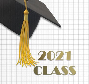 Graduation 2021 class. Graduation cap with tassel, text 2021 class. 3D render