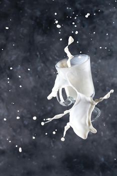 Splash of milk from the glass on a gray background. levitation.