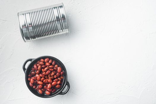Red beans canned food, on white background, top view flat lay with copy space for text