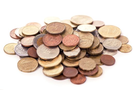 Collection of the coins on the white background