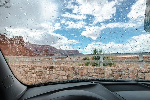 Sheltering in the car from a rainstorm near the Grand Canyon, Arizona.