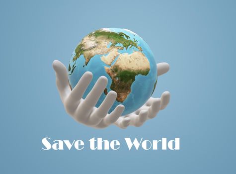 Save the World .Globe in human hands on blue sky. Environmental protection concept. 3D render