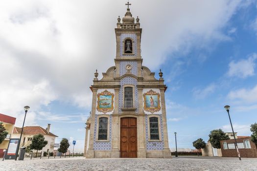 Mar, Esposende near Braga, Portugal - October 21, 2020: architectural detail of the church of S. Bartolomeu de Mar in a small village in northern Portugal on an autumn day