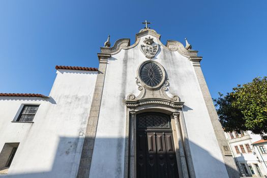 Architectural detail of the Church of Mercy (Santa Casa Misericordia de Fao) in the historic city center of Esposende, Portugal on a winter day