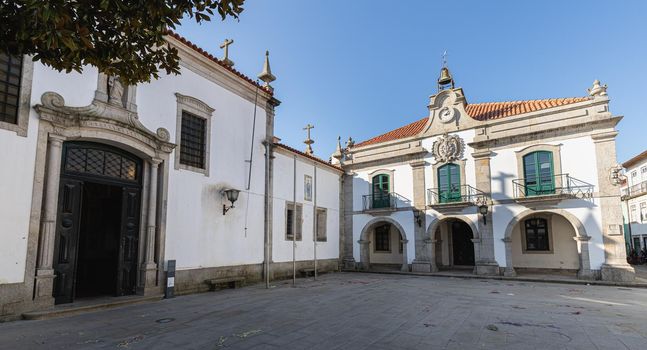 Esposende, Portugal - February 21, 2020: Architectural detail of the Church of Mercy (Santa Casa Misericordia de Fao) in the historic city center on a winter day