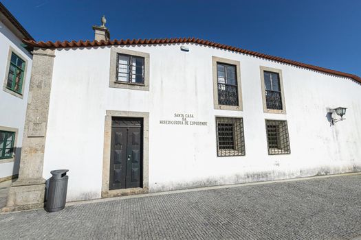 Esposende, Portugal - February 21, 2020: Architectural detail of the Sacred Art Museum of the Church of Mercy (Santa Casa Misericordia de Fao) in the historic city center on a winter day