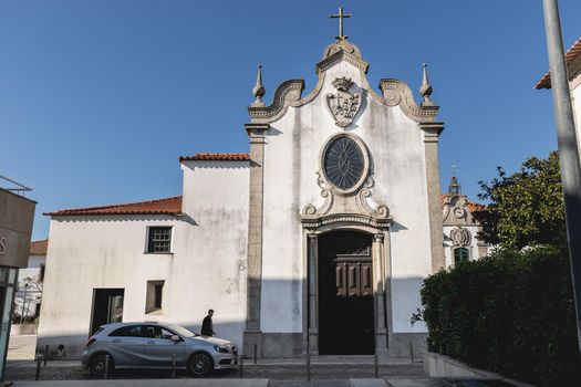 Esposende, Portugal - February 21, 2020: Architectural detail of the Church of Mercy (Santa Casa Misericordia de Fao) in the historic city center on a winter day