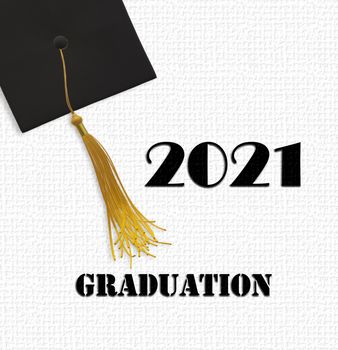 Graduation 2021 class. Graduation cap with tassel, text 2021 class. 3D render