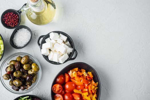 Ingredients, for greek salad, on white background, top view flat lay with copy space for text