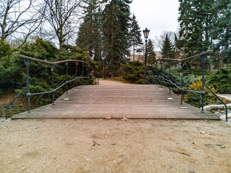 Old small wooden bridge in park with bushes around