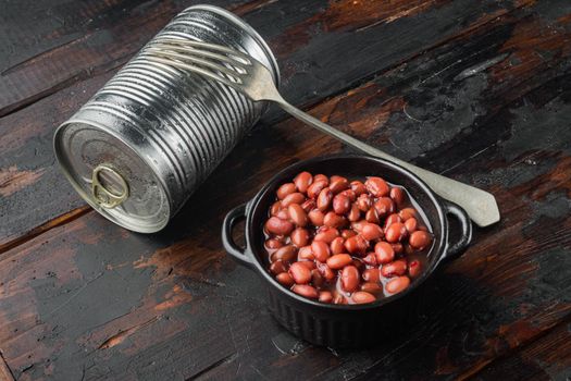 Japanese canned food ingredient, sweet red beans, on old dark wooden table background