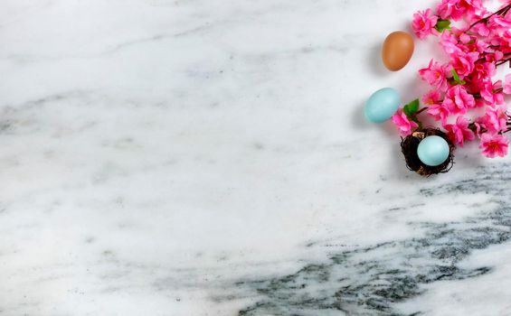 Happy Easter with pink bright springtime cherry blossoms and small bird nest with blue egg inside on stone background in flat lay format 