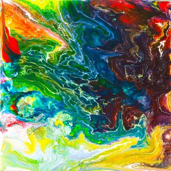 Beautiful abstract background. Pouring acrylic paint on canvas. Contemporary art.