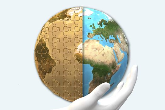 Save the World Planet. Globe in human hand on blue background. Environmental protection, sawing planet concept. 3D render