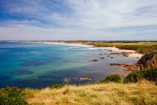 The iconic Cape Woolamai Surf Beach and Cowrie Patch Beach from Pinnacles Lookout on Phillip Island, Victoria, Australia