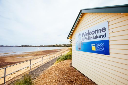 Rhyll, Australia - December 13 2020: The quaint seaside fishing town of Rhyll with main beach and jetty in Victoria, Australia