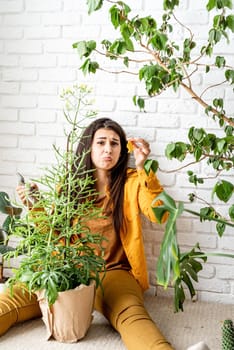 Home gardening. Young woman gardener working in home garden showing yellow leaf making funny face