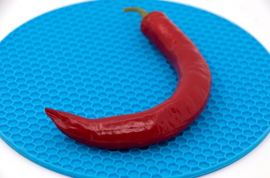 Red hot pepper pod on a blue stand.