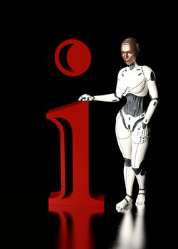 A white cyborg holds the letter i. Information illustration - 3d rendering