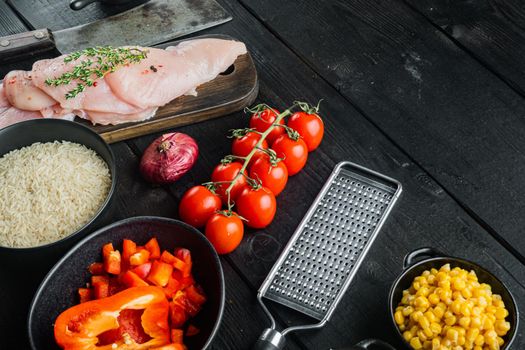 Mexican food. Cuisine of South America. Traditional ingredient, on black wooden table background with copy space for text